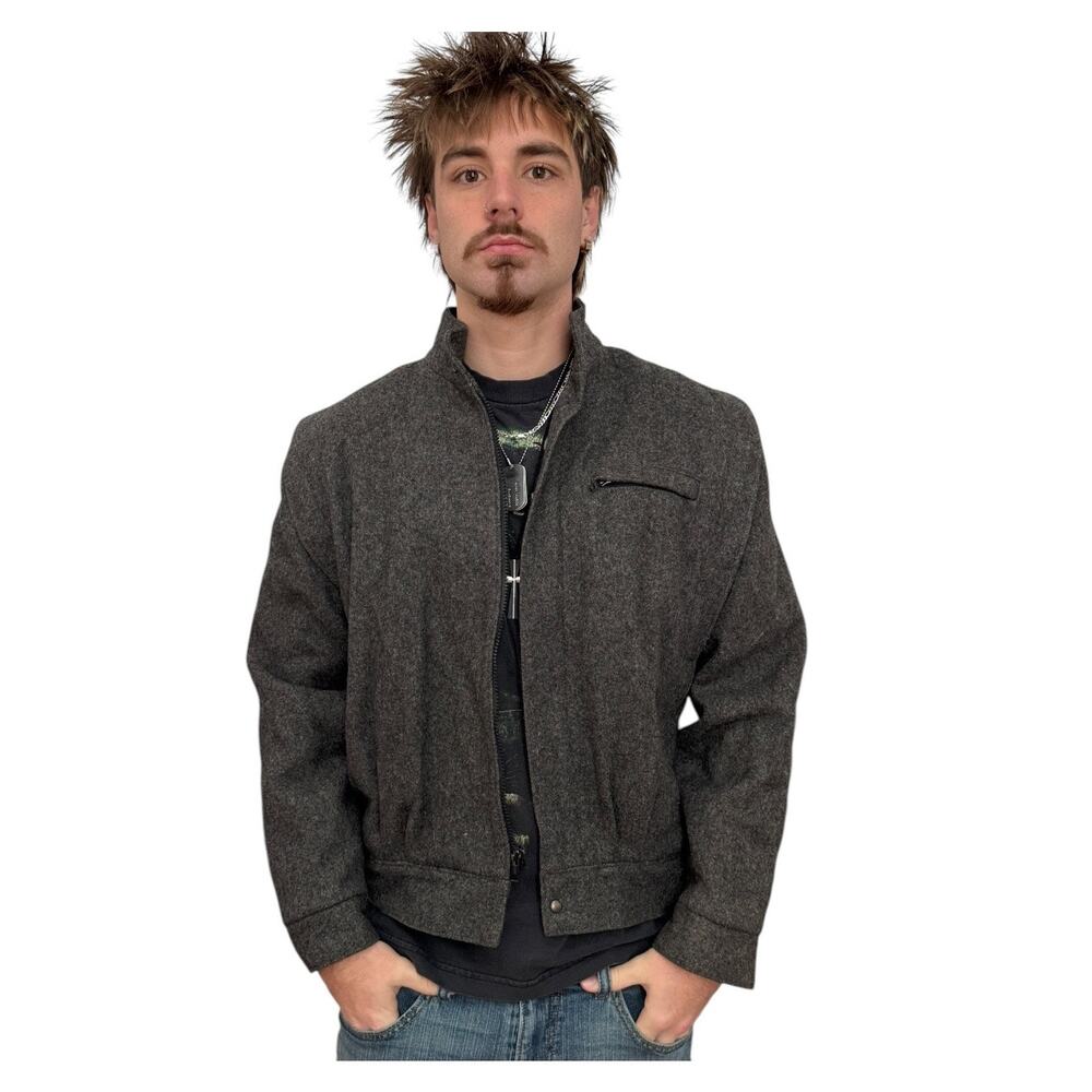 1980s The American Male Gray Wool Jacket Large 46 Chest Stand Collar